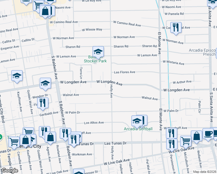 map of restaurants, bars, coffee shops, grocery stores, and more near 2115 Holly Avenue in Arcadia