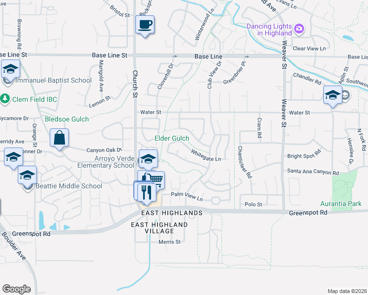map of restaurants, bars, coffee shops, grocery stores, and more near 29115 Whitegate Lane in Highland