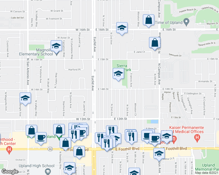 map of restaurants, bars, coffee shops, grocery stores, and more near 171 East 14th Street in Upland