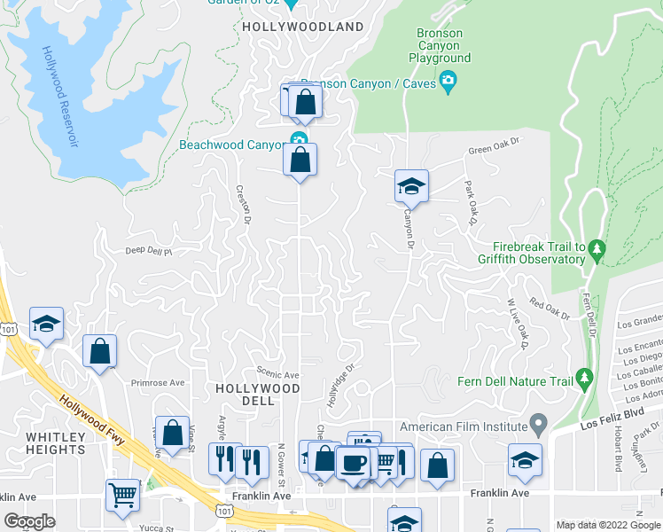 map of restaurants, bars, coffee shops, grocery stores, and more near Verbena Drive in Los Angeles