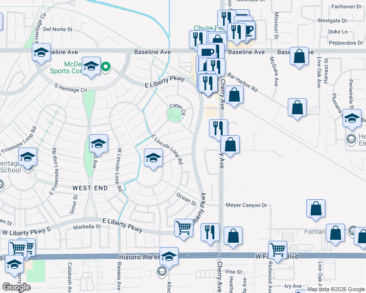 map of restaurants, bars, coffee shops, grocery stores, and more near 14250 Plumas Court in Fontana