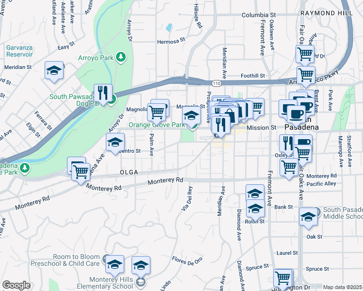 map of restaurants, bars, coffee shops, grocery stores, and more near 805 El Centro Street in South Pasadena
