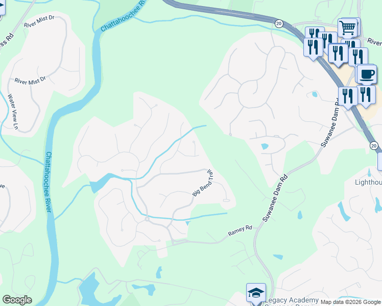 map of restaurants, bars, coffee shops, grocery stores, and more near 336 Westwater Ridge in Sugar Hill