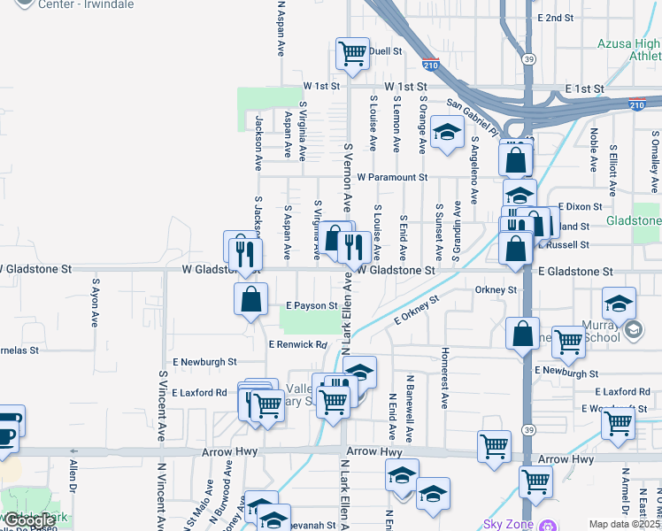 map of restaurants, bars, coffee shops, grocery stores, and more near 817 West Gladstone Street in Azusa