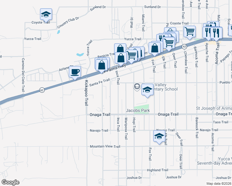 map of restaurants, bars, coffee shops, grocery stores, and more near 7562 Inca Trail in Yucca Valley
