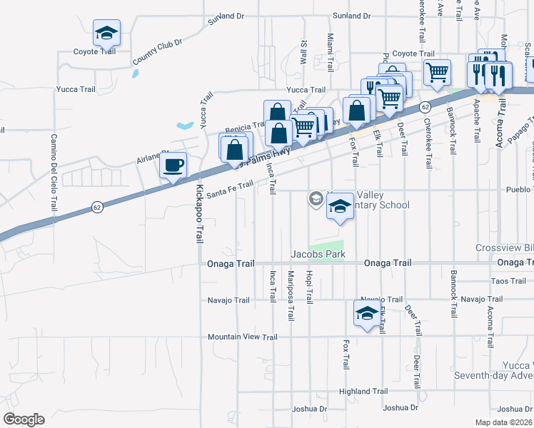 map of restaurants, bars, coffee shops, grocery stores, and more near 7562 Inca Trail in Yucca Valley