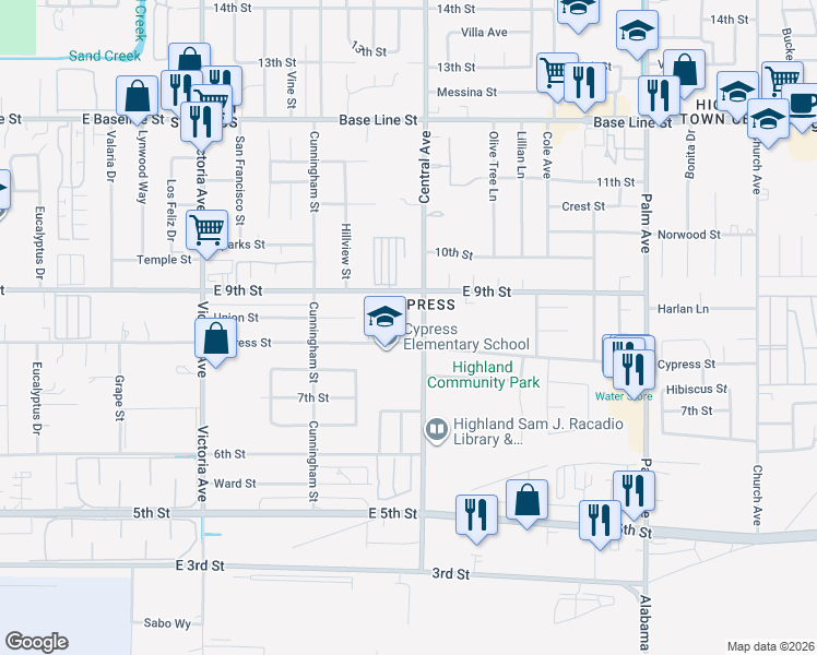 map of restaurants, bars, coffee shops, grocery stores, and more near 7682 Central Avenue in Highland
