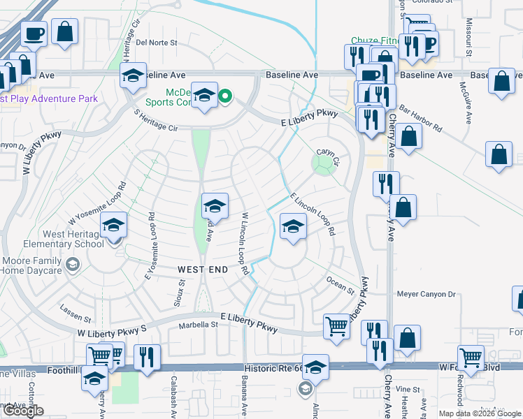 map of restaurants, bars, coffee shops, grocery stores, and more near 14095 Bancroft Court in Fontana