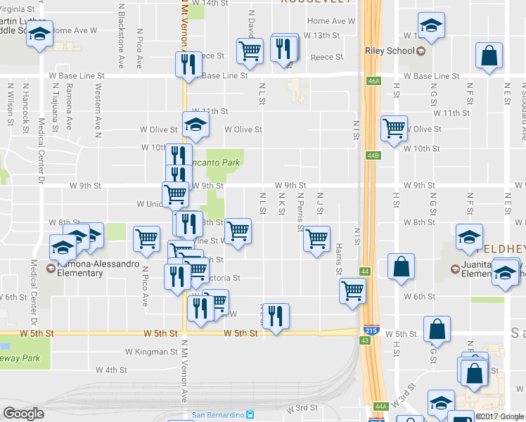 map of restaurants, bars, coffee shops, grocery stores, and more near 824 North L Street in San Bernardino