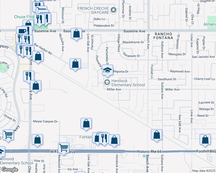 map of restaurants, bars, coffee shops, grocery stores, and more near 15080 Miller Avenue in Fontana