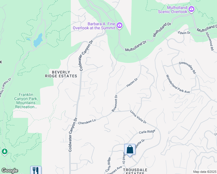 map of restaurants, bars, coffee shops, grocery stores, and more near 2346 Kimridge Road in Beverly Hills