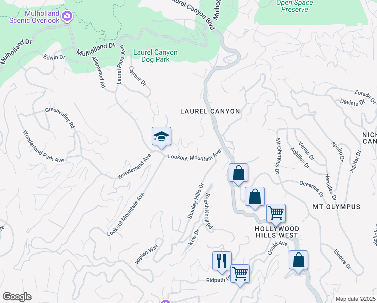 map of restaurants, bars, coffee shops, grocery stores, and more near 8325 Lookout Mountain Avenue in Los Angeles