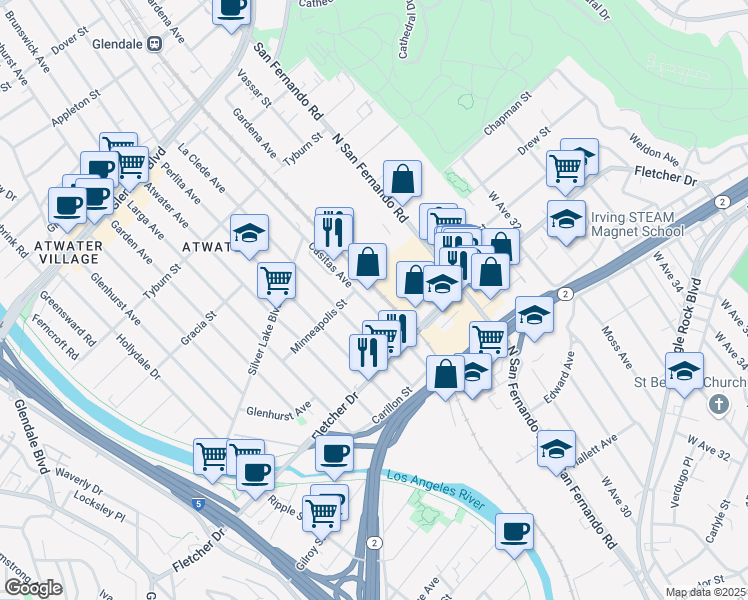map of restaurants, bars, coffee shops, grocery stores, and more near 3163 Casitas Avenue in Los Angeles