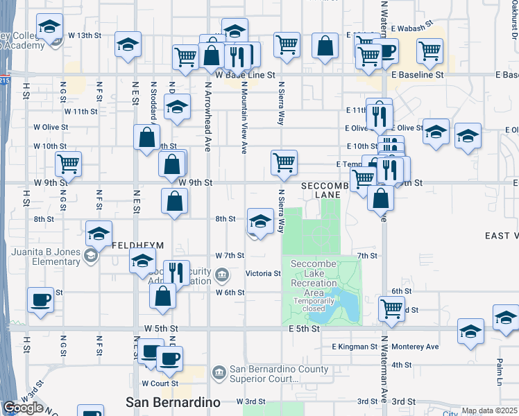 map of restaurants, bars, coffee shops, grocery stores, and more near 176 West 8th Street in San Bernardino
