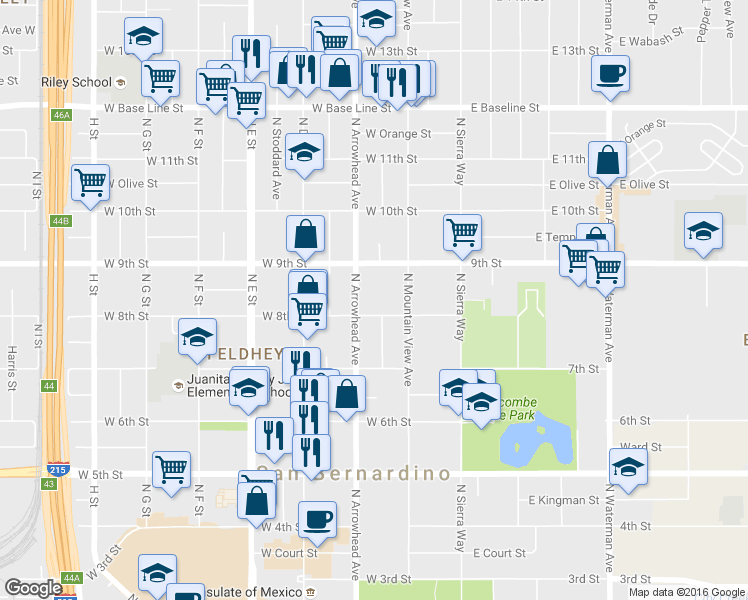 map of restaurants, bars, coffee shops, grocery stores, and more near 831 North Arrowhead Avenue in San Bernardino