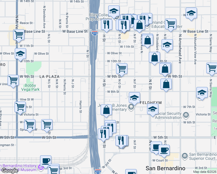 map of restaurants, bars, coffee shops, grocery stores, and more near 772 West 8th Street in San Bernardino