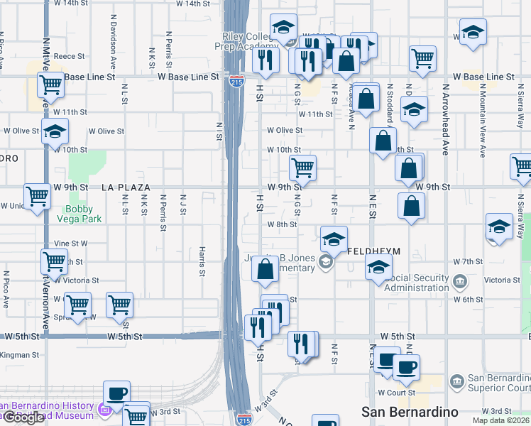 map of restaurants, bars, coffee shops, grocery stores, and more near 772 West 8th Street in San Bernardino