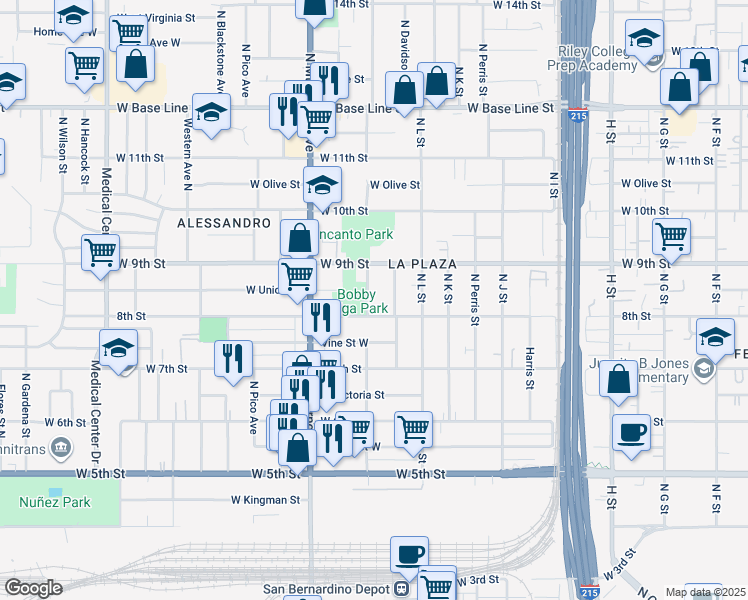 map of restaurants, bars, coffee shops, grocery stores, and more near 822 North Davidson Avenue in San Bernardino