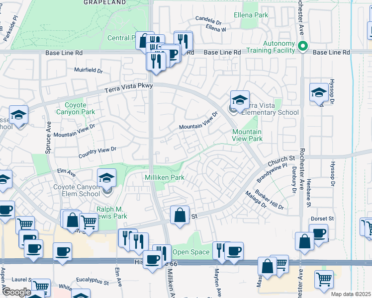 map of restaurants, bars, coffee shops, grocery stores, and more near 11433 Mountain View Drive in Rancho Cucamonga