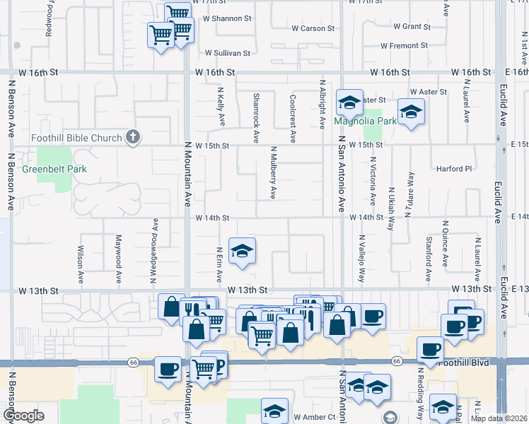map of restaurants, bars, coffee shops, grocery stores, and more near 1015 West 14th Street in Upland