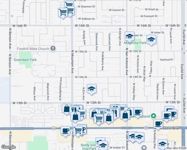 map of restaurants, bars, coffee shops, grocery stores, and more near 1015 West 14th Street in Upland