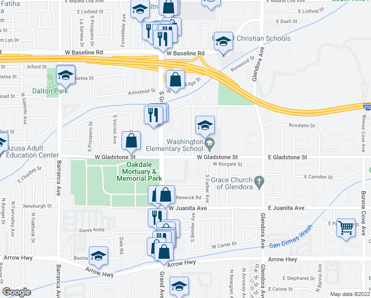 map of restaurants, bars, coffee shops, grocery stores, and more near 1371 South Bender Avenue in Glendora