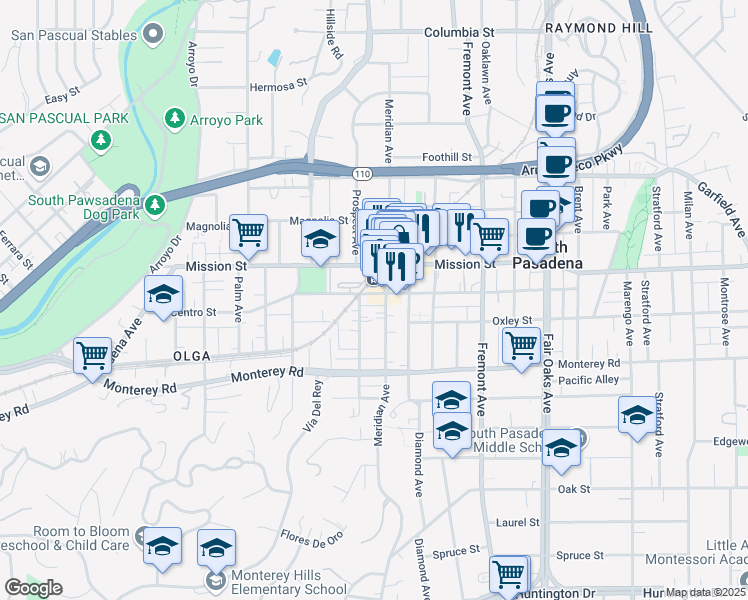 map of restaurants, bars, coffee shops, grocery stores, and more near 901 El Centro Street in South Pasadena