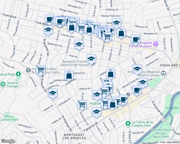 map of restaurants, bars, coffee shops, grocery stores, and more near 5363 Raphael Street in Los Angeles