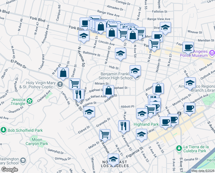 map of restaurants, bars, coffee shops, grocery stores, and more near 709 Holland Avenue in Los Angeles