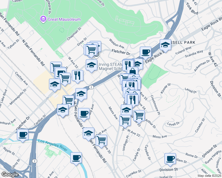 map of restaurants, bars, coffee shops, grocery stores, and more near 2864 West Avenue 33 in Los Angeles