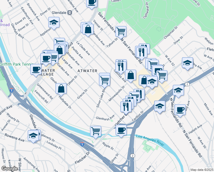 map of restaurants, bars, coffee shops, grocery stores, and more near 3271 Silver Lake Boulevard in Los Angeles