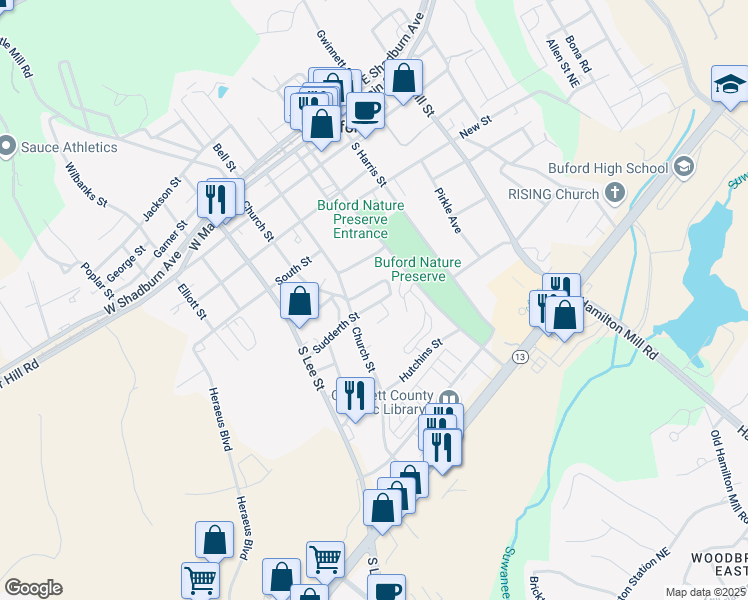 map of restaurants, bars, coffee shops, grocery stores, and more near 55 Sudderth Street in Buford
