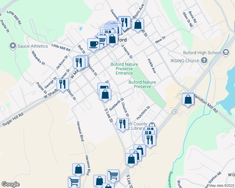 map of restaurants, bars, coffee shops, grocery stores, and more near 425 South Church Street in Buford