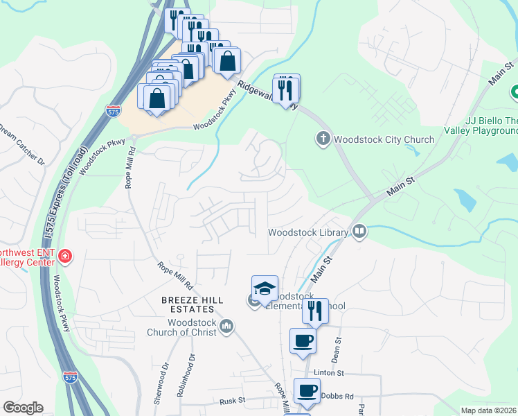 map of restaurants, bars, coffee shops, grocery stores, and more near 317 Antebellum Place in Woodstock