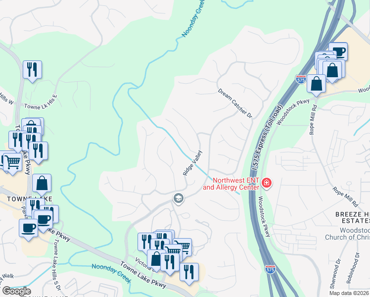 map of restaurants, bars, coffee shops, grocery stores, and more near 409 Old Deerfield Lane in Woodstock