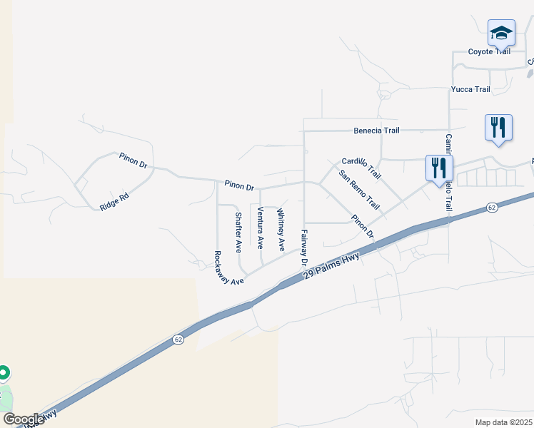 map of restaurants, bars, coffee shops, grocery stores, and more near 7520 Whitney Avenue in Yucca Valley