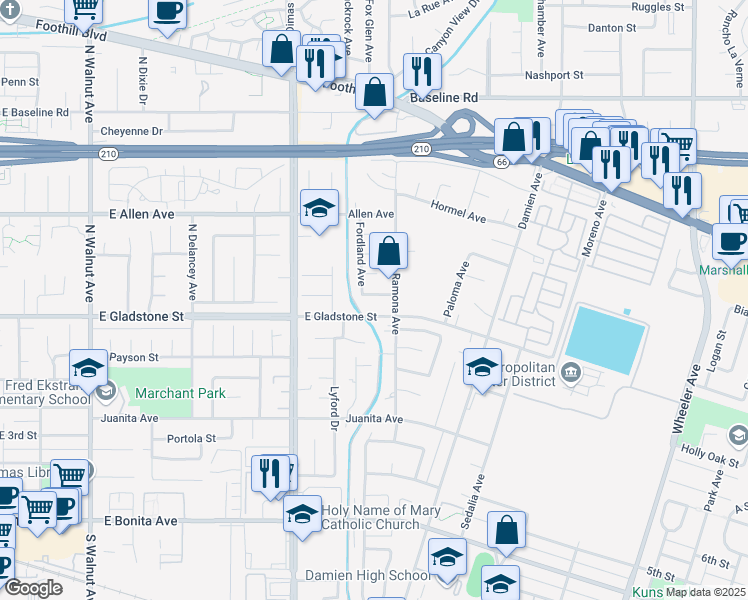 map of restaurants, bars, coffee shops, grocery stores, and more near 822 East Ghent Street in La Verne