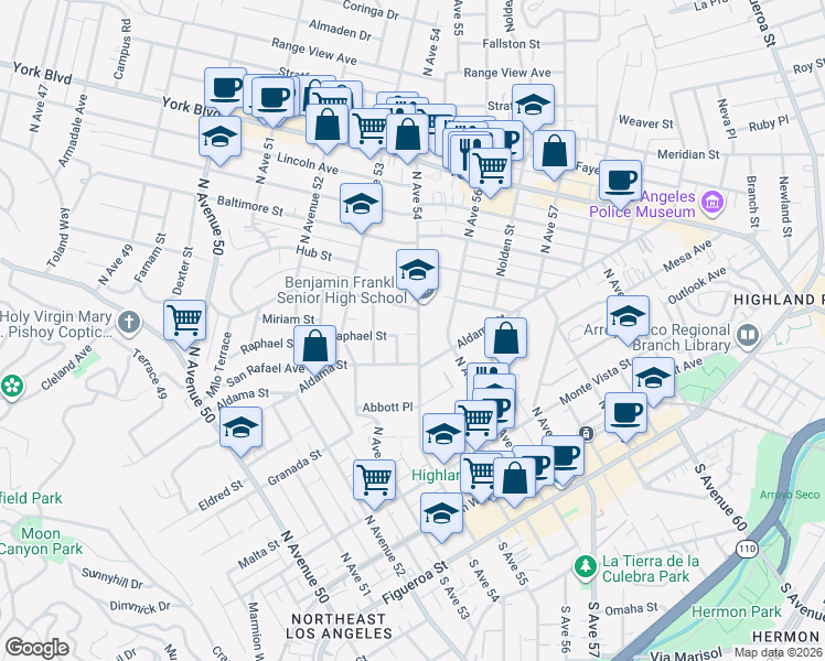 map of restaurants, bars, coffee shops, grocery stores, and more near 5363 Raphael Street in Los Angeles