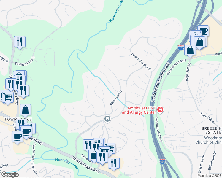 map of restaurants, bars, coffee shops, grocery stores, and more near 409 Old Deerfield Lane in Woodstock