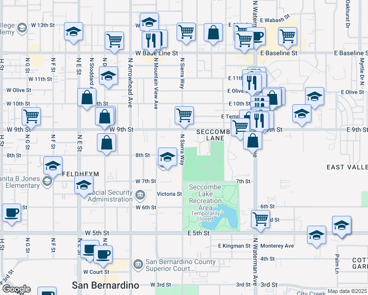 map of restaurants, bars, coffee shops, grocery stores, and more near 801 North Sierra Way in San Bernardino