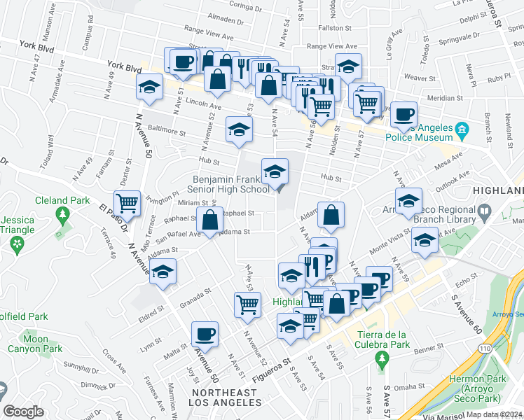map of restaurants, bars, coffee shops, grocery stores, and more near 5363 Raphael Street in Los Angeles