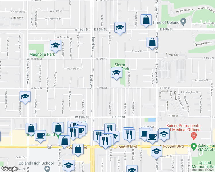 map of restaurants, bars, coffee shops, grocery stores, and more near 171 East 14th Street in Upland