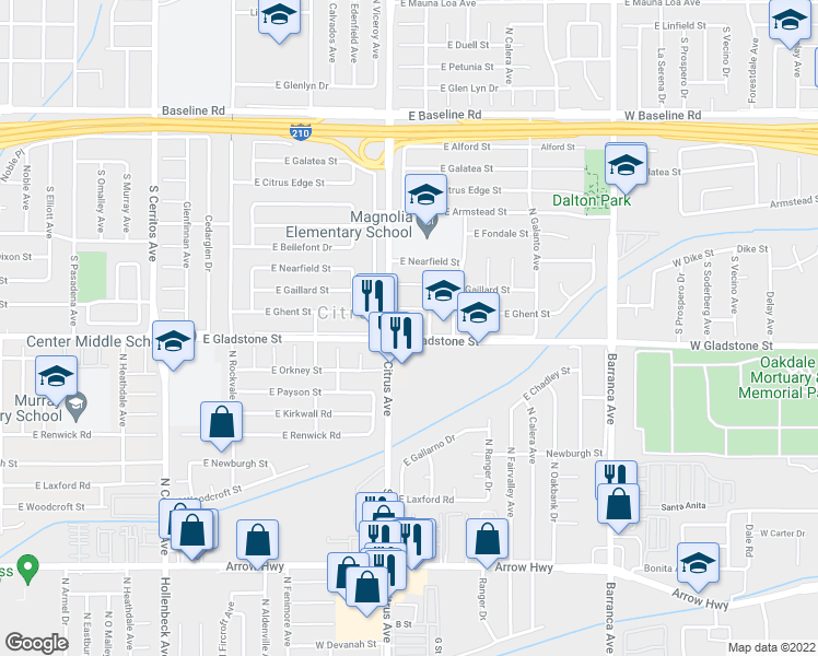 map of restaurants, bars, coffee shops, grocery stores, and more near 915 E Gladstone St in Azusa