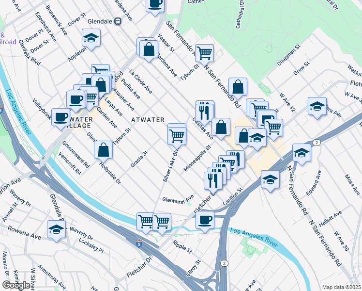 map of restaurants, bars, coffee shops, grocery stores, and more near 3271 Silver Lake Boulevard in Los Angeles