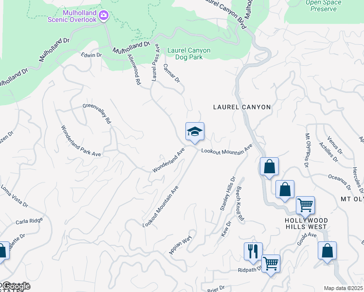 map of restaurants, bars, coffee shops, grocery stores, and more near 2401 Laurel Pass Avenue in West Hollywood