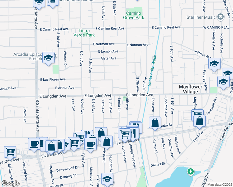 map of restaurants, bars, coffee shops, grocery stores, and more near 505 East Longden Avenue in Arcadia