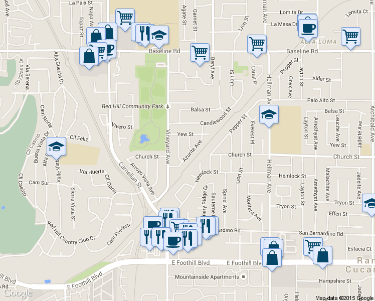 map of restaurants, bars, coffee shops, grocery stores, and more near 8998 Azurite Avenue in Rancho Cucamonga