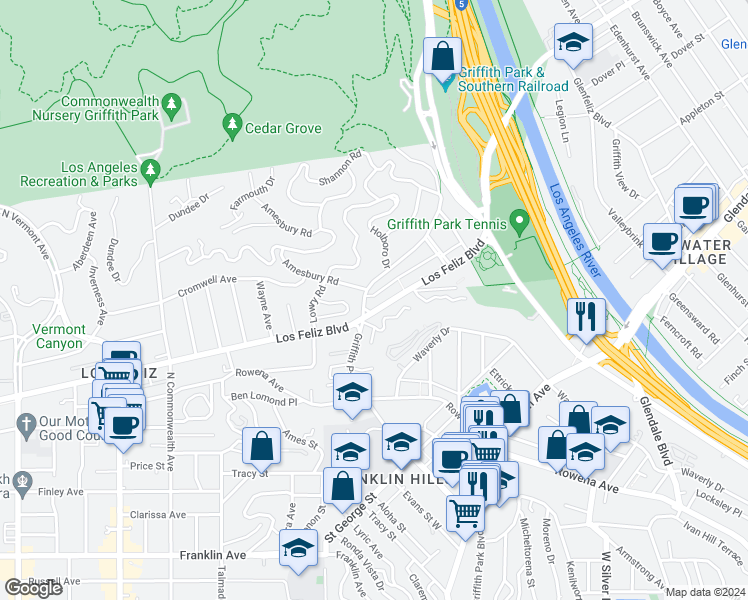 map of restaurants, bars, coffee shops, grocery stores, and more near 3839 Los Feliz Boulevard in Los Angeles