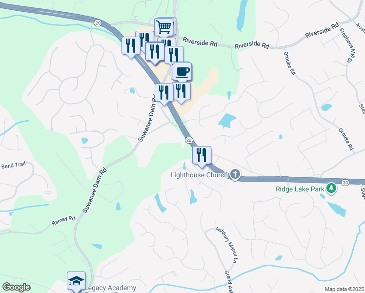 map of restaurants, bars, coffee shops, grocery stores, and more near 5774 Cumming Highway Northeast in Buford