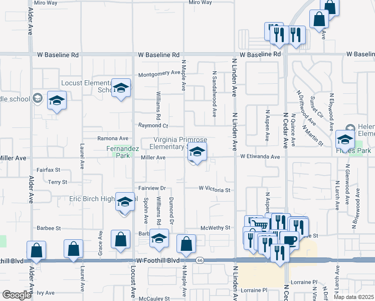 map of restaurants, bars, coffee shops, grocery stores, and more near 1687 W Wedgewood St in Rialto